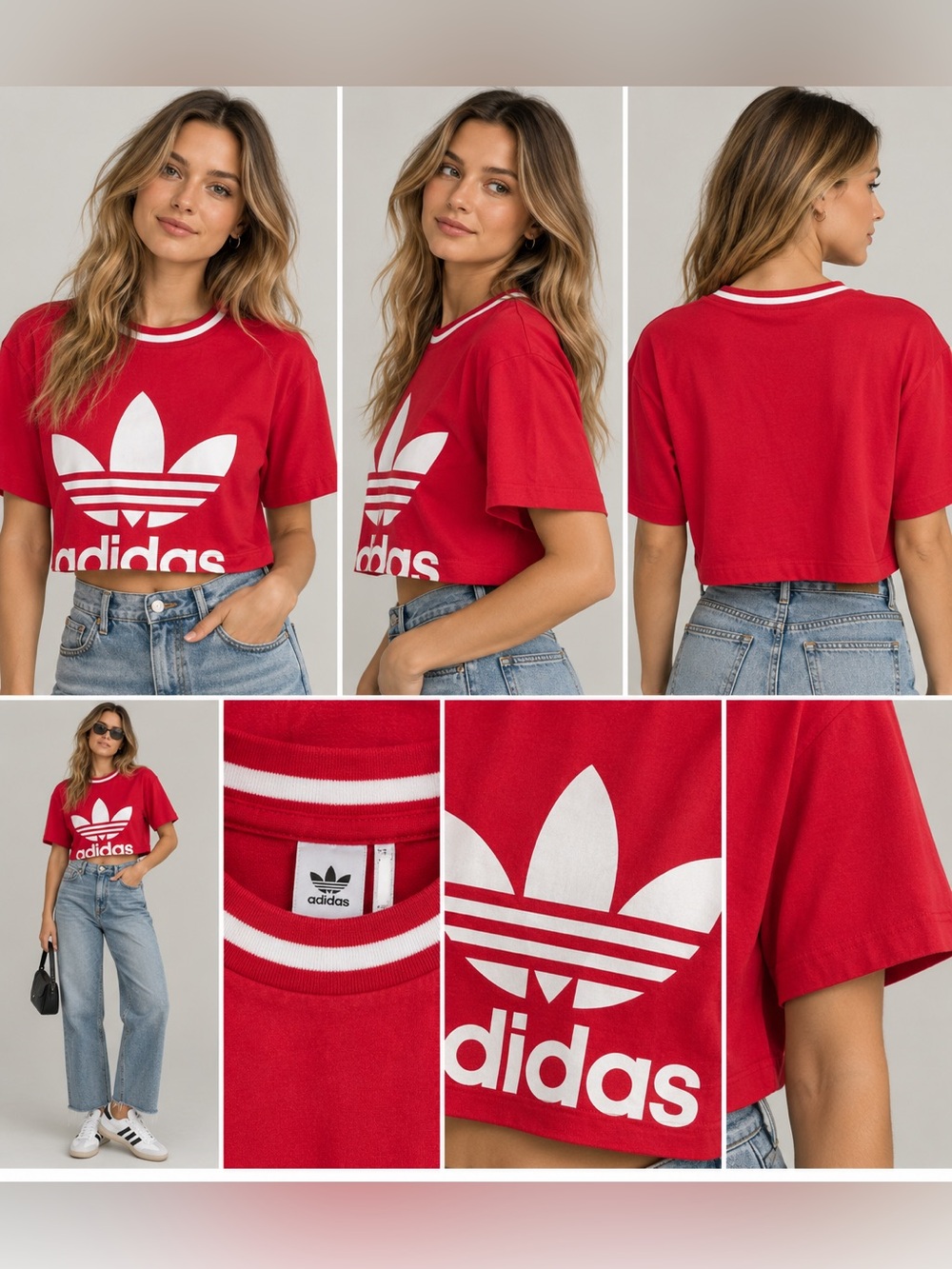 adidas Red Cropped Trefoil Tee with White Logo